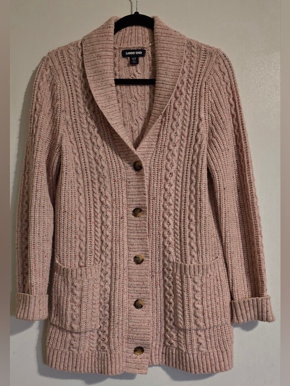 Lands' End Women's Small Tall Pink Cable Knit Cardigan Sweater Wool Blend